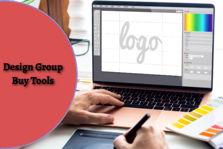 A diverse set of design tools on a colorful background