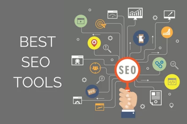 SEO tools icons and a magnifying glass showing search engine